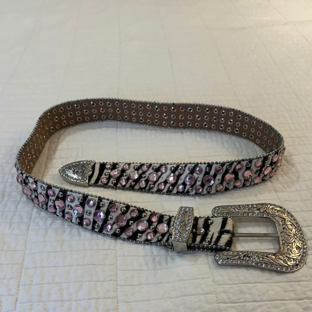Vintage Western Studded Leather Belt Zebra Pink Rhinestone Rodeo Cowgirl